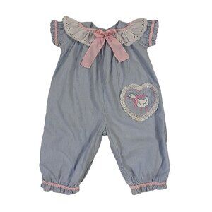 Vintage 1980s Girls Blue & White Striped Romper W/ Lace Bib Collar & Duck 24 M